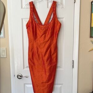 KIR Vtg 90’ 100% silk sheath dress midi beaded sleeveless gold orange sheen 10